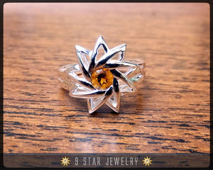 Citrine - Sterling Silver 9 Star Baha'i Ring with genuine gemstone - (Limited Edition) - BRS6C