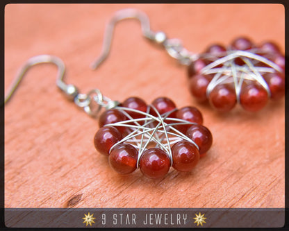 Natural Red Carnelian Radiant Star Earrings - Baha'i 9 Star Wire-wrapped