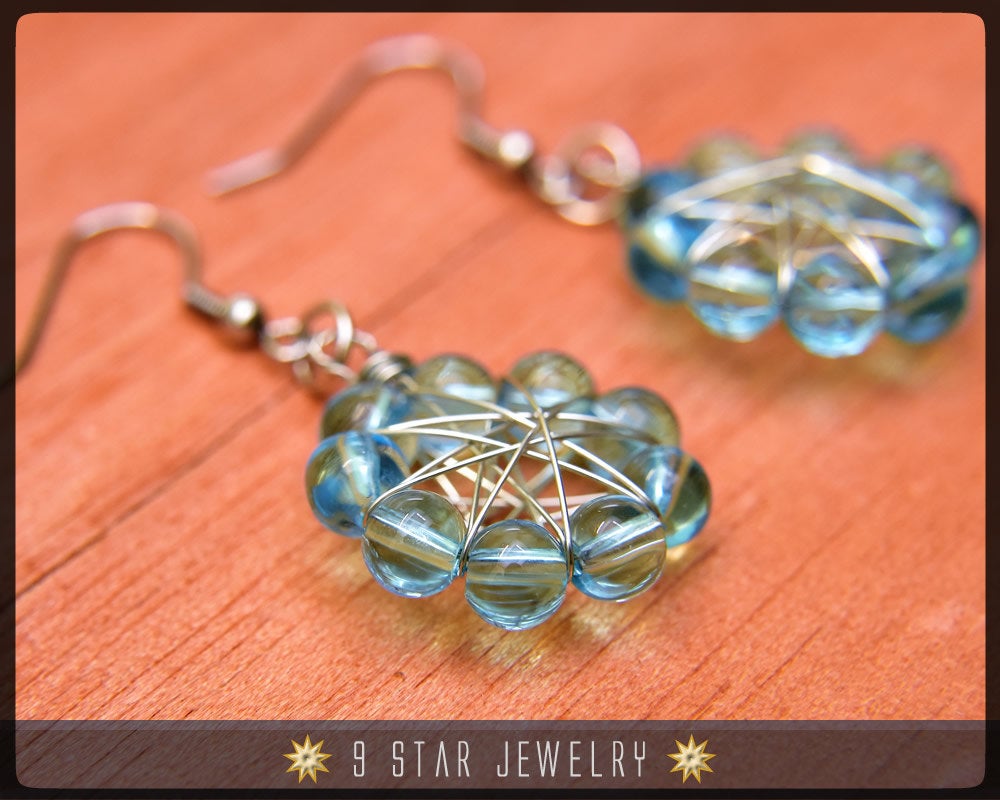 Natural Blue Quartz Radiant Star Earrings - Baha'i 9 Star Wire-wrapped Earrings