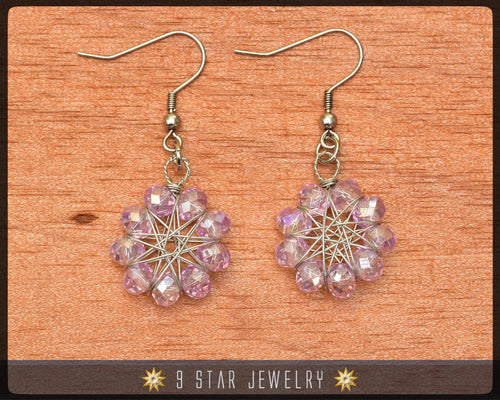 Radiant Star - Baha'i 9 Star Wire-wrapped Earrings - Lavender crystal - BRSE6