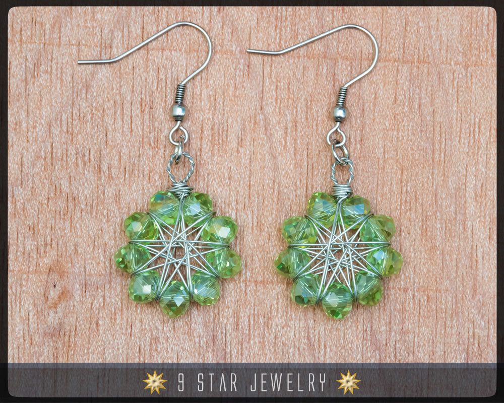 Radiant Star - Baha'i 9 Star Crystal Wire-wrapped Earrings -New Leaf crystal- BRSE13