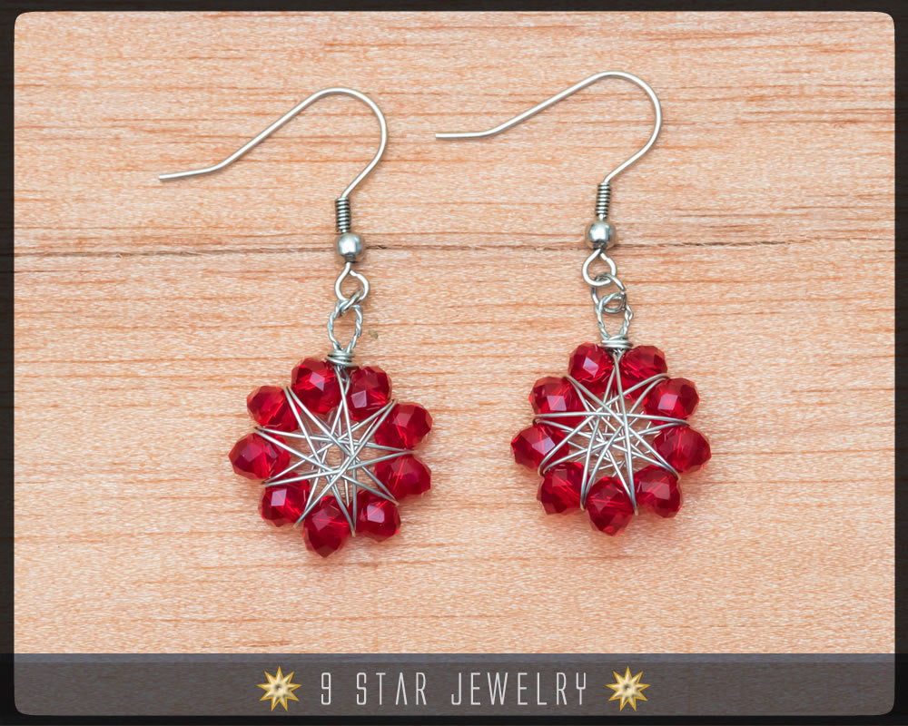 Radiant Star - Baha'i 9 Star Crystal Wire-wrapped Earrings -Ruby Red Glass Crystal- BRSE1