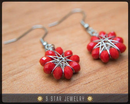 Radiant Star - Baha'i 9 Star Crystal Wire-wrapped Dangle Earrings - Candy Red