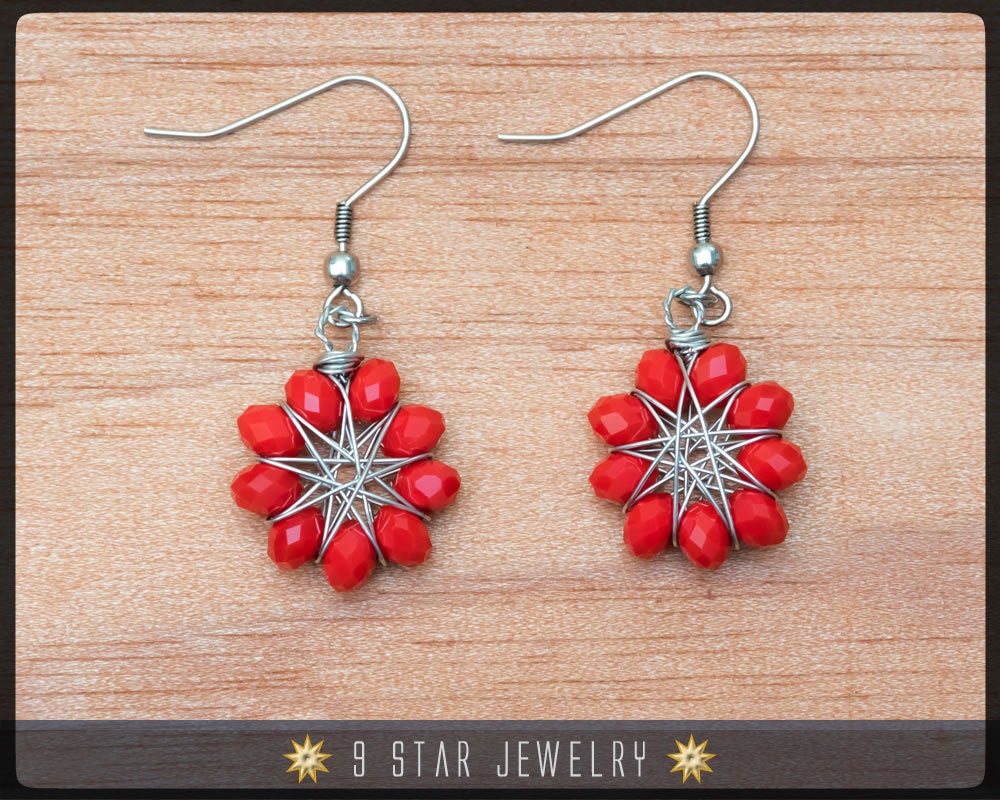 Radiant Star - Baha'i 9 Star Crystal Wire-wrapped Dangle Earrings - Candy Red
