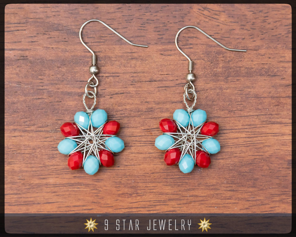 Radiant Star - Baha'i 9 Star Crystal Wire-wrapped Earrings -Red Turquoise Blue Crystal