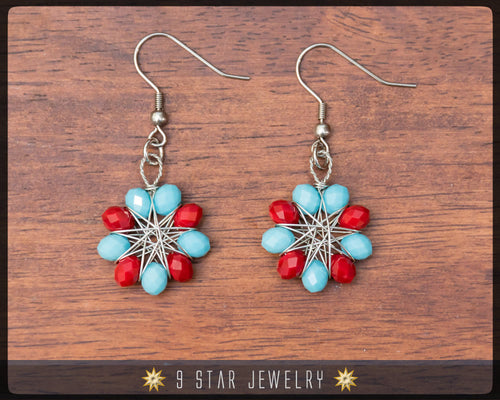 Radiant Star - Baha'i 9 Star Crystal Wire-wrapped Earrings -Red Turquoise Blue Crystal- BRSE31