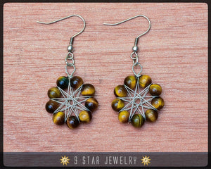 Tiger's Eye Radiant Star Earrings - Baha'i 9 Star Gemstone Crystal Wire-wrapped - BRSE30