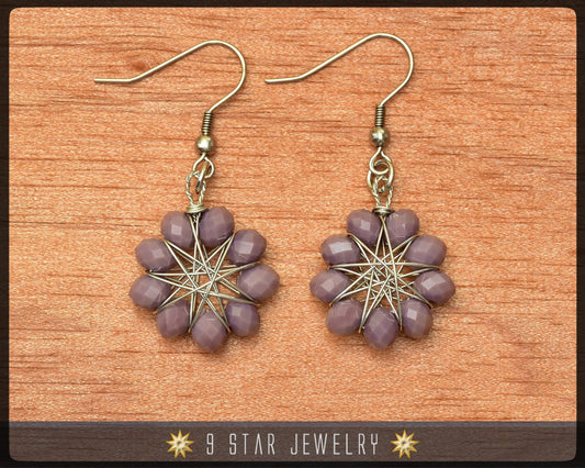 Radiant Star - Baha'i 9 Star Crystal Wire-wrapped Dangle Earrings - Purple Grey