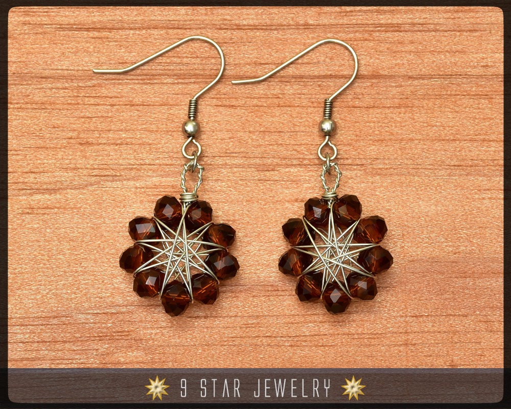 Amber Brown crystal Radiant Star - Baha'i 9 Star Wire-wrapped Dangle Earrings