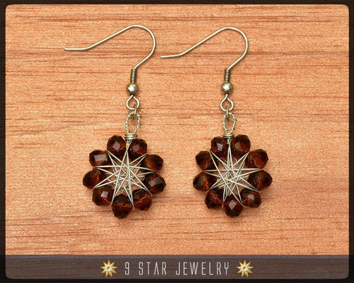 Amber Brown crystal Radiant Star - Baha'i 9 Star Wire-wrapped Dangle Earrings - BRSE20