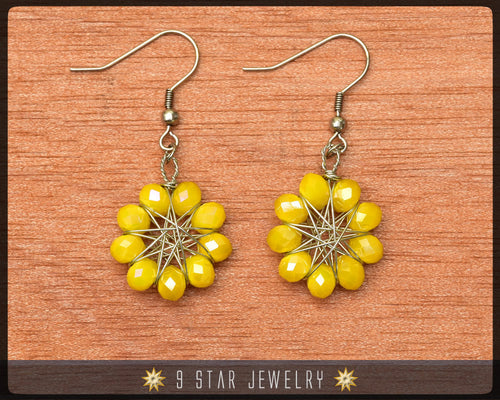 Radiant Star - Baha'i 9 Star Crystal Wire-wrapped Earrings -Golden Yellow Glass Crystal