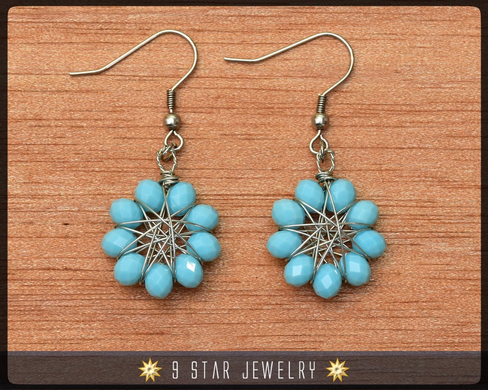 Radiant Star - Baha'i 9 Star Crystal Wire-wrapped Dangle Earrings -Arctic Blue - BRSE21