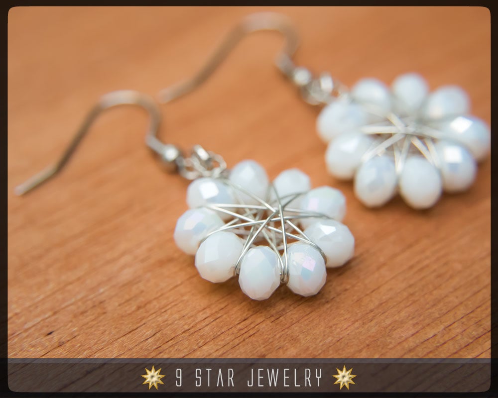 Radiant Star - Baha'i 9 Star Crystal Wire-wrapped Earrings -Pearl White Crystal