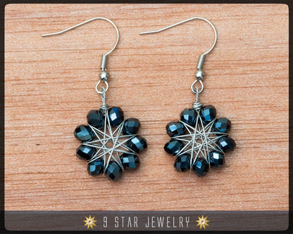Radiant Star - Baha'i 9 Star Crystal Wire-wrapped Earrings -Metallic Black Crystal