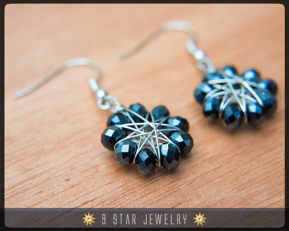 Radiant Star - Baha'i 9 Star Crystal Wire-wrapped Earrings -Metallic Black Crystal
