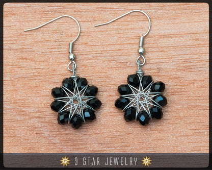 Radiant Star - Baha'i 9 Star Crystal Wire-wrapped Earrings -Obsidian Black
