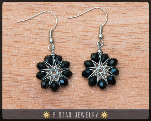 Radiant Star - Baha'i 9 Star Crystal Wire-wrapped Earrings -Obsidian Black- BRSE2
