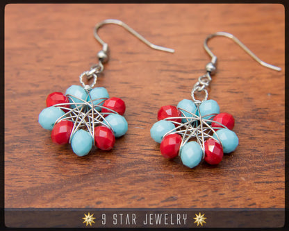 Radiant Star - Baha'i 9 Star Crystal Wire-wrapped Earrings -Red Turquoise Blue Crystal