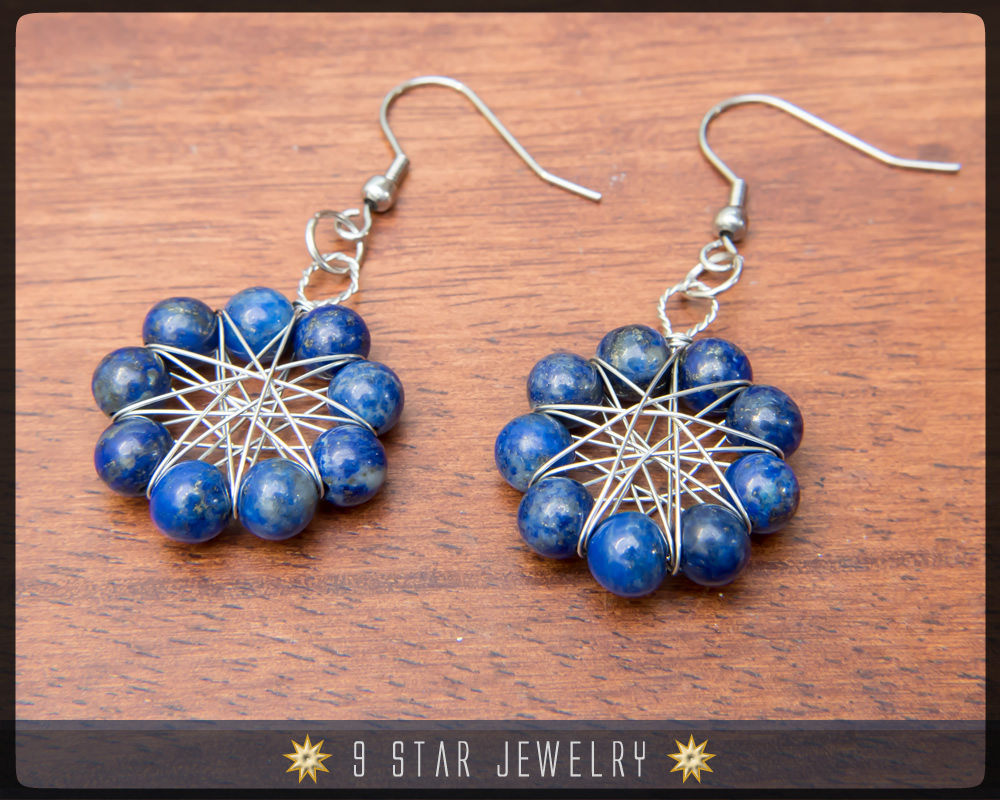 Lapis Lazuli Radiant Star Earrings - Baha'i 9 Pointed Star Wire-wrapped Dangle Earrings