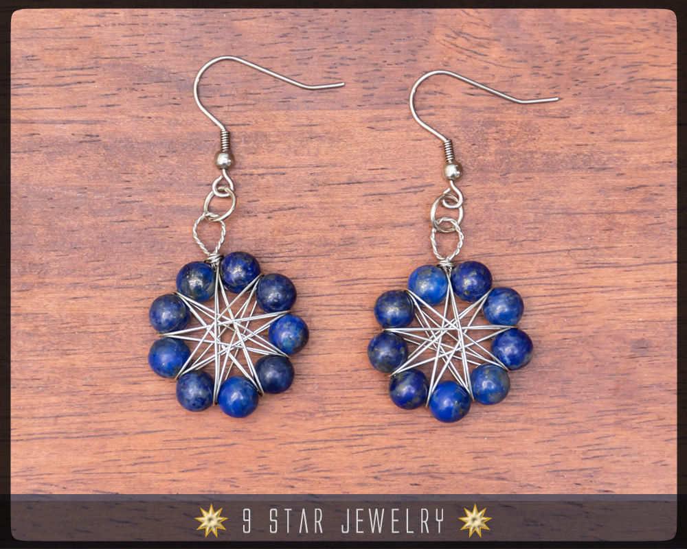 Lapis Lazuli Radiant Star Earrings - Baha'i 9 Pointed Star Wire-wrapped Dangle Earrings - BRSE32