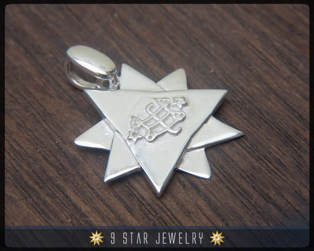 BPS22 - 925 Sterling Silver 9 Star Baha'i Pendant /w Ring Stone Symbol