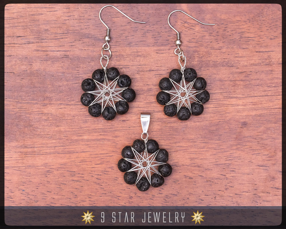 Volcanic Lava Radiant Star - Baha'i 9 Star wire-wrapped Jewelry Set - BRSE34
