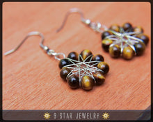 Load image into Gallery viewer, Tiger&#39;s Eye Radiant Star Earrings - Baha&#39;i 9 Star Gemstone Crystal Wire-wrapped - BRSE30