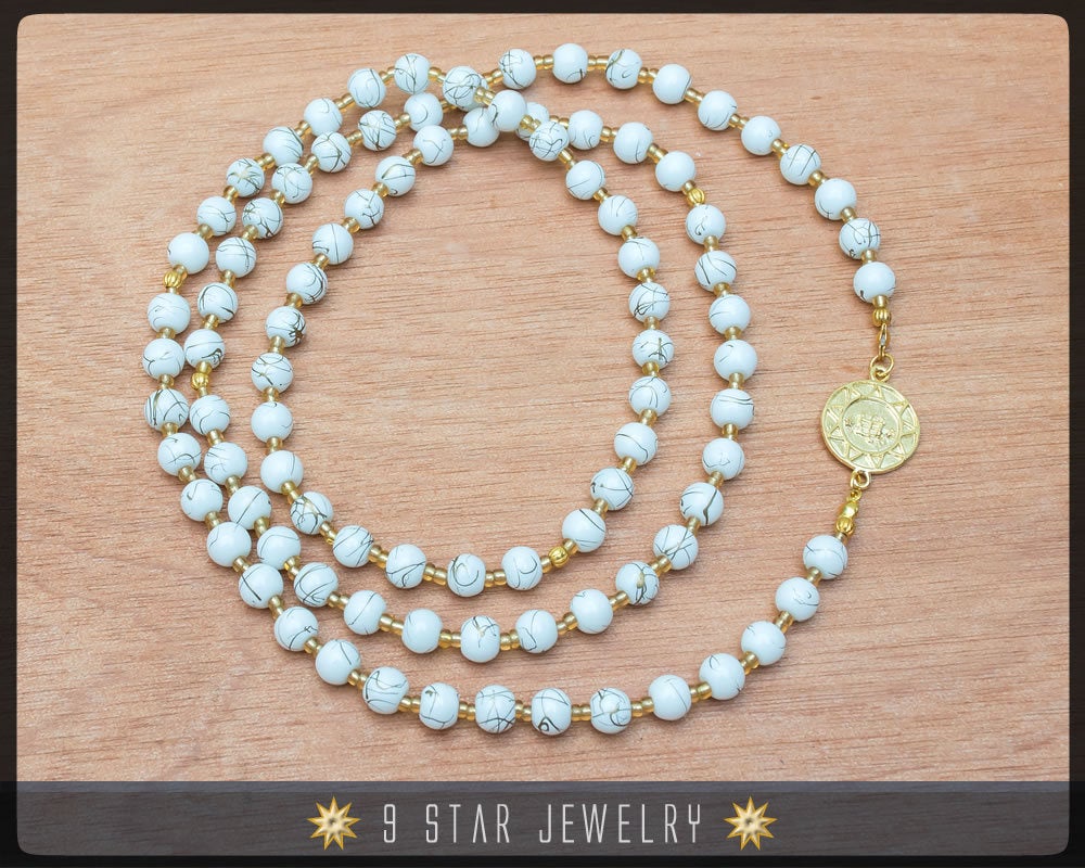 Baha'i Prayer Beads with gold electroplated baha'i Ringstone Symbol - Full 95 (Alláh-u-Abhá) "Glory"
