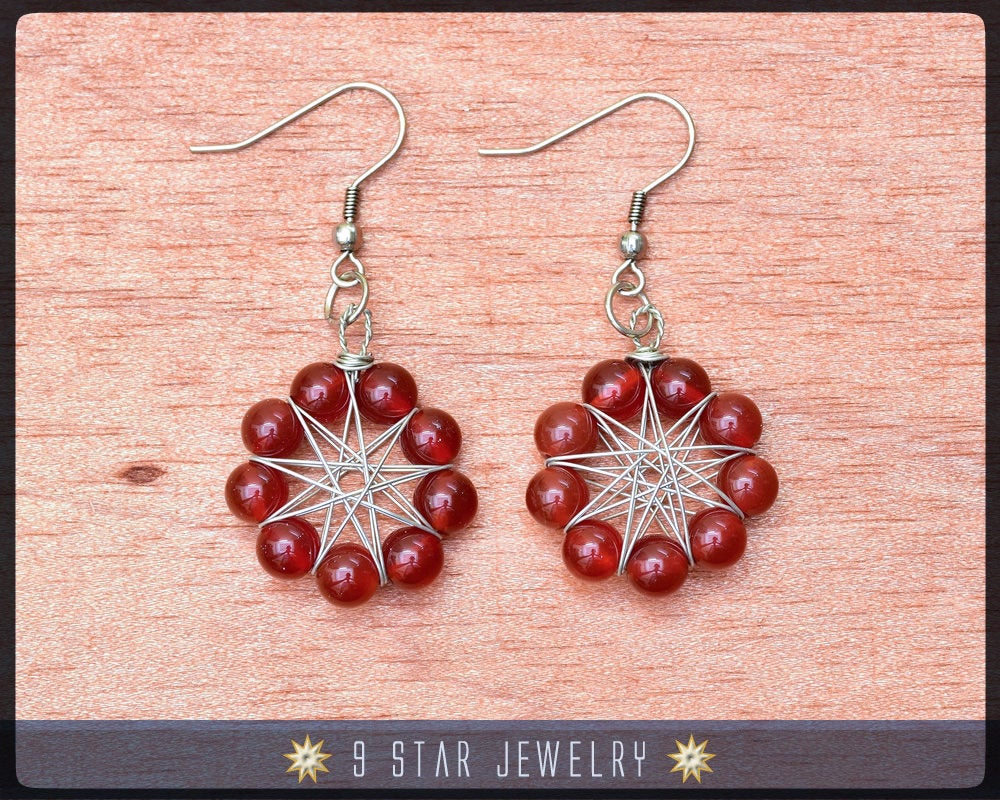 Natural Red Carnelian Radiant Star Earrings - Baha'i 9 Star Wire-wrapped - BRSE28