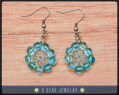Natural Blue Quartz Radiant Star Earrings - Baha'i 9 Star Wire-wrapped Earrings