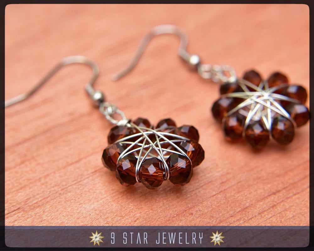 Amber Brown crystal Radiant Star - Baha'i 9 Star Wire-wrapped Dangle Earrings