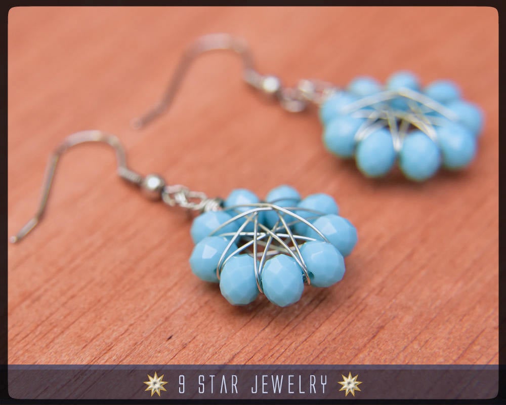 Radiant Star - Baha'i 9 Star Crystal Wire-wrapped Dangle Earrings -Arctic Blue