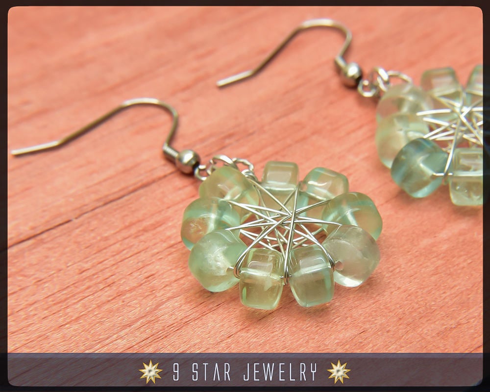 Natural Green Fluorite Radiant Star Earrings - Baha'i 9 Star Wire-wrapped