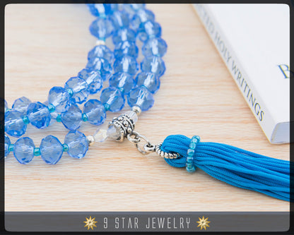 Azure Crystal Tassel Prayer Beads Necklace - Baha'i Prayer Beads Full 95 (Alláh-u-Abhá) "Lush"