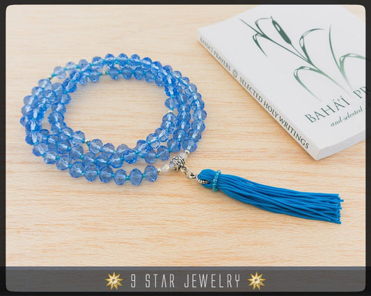 Azure Crystal Tassel Prayer Beads Necklace - Baha'i Prayer Beads Full 95 (Alláh-u-Abhá) "Lush"