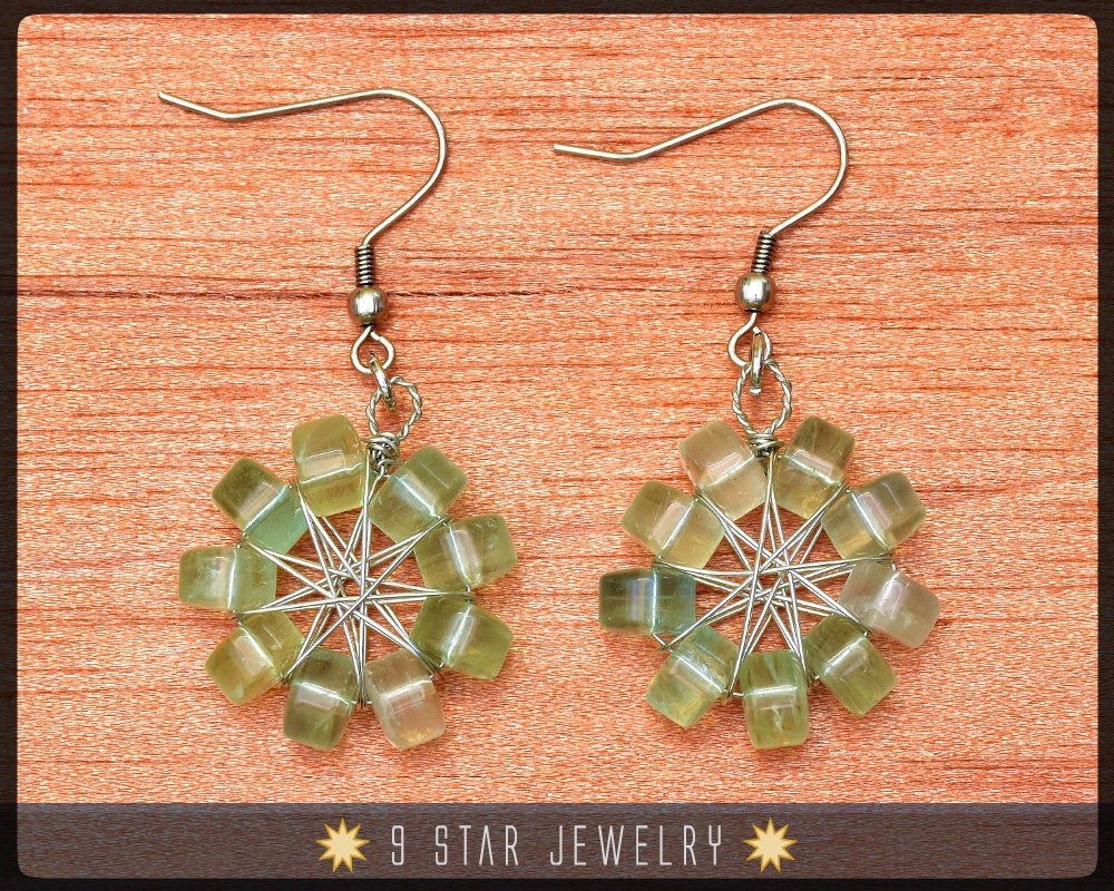 Natural Green Fluorite Radiant Star Earrings - Baha'i 9 Star Wire-wrapped - BRSE26