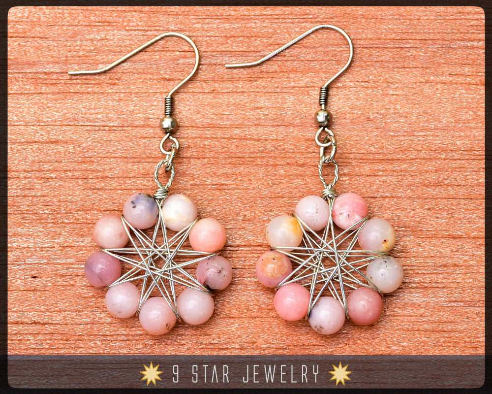 Natural Pink Opal Radiant Star Earrings - Baha'i 9 Star Wire-wrapped