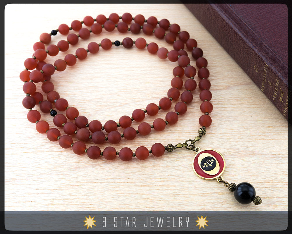 Matte Red Agate Baha'i Prayer Beads-with bahai ringstone symbol-95  