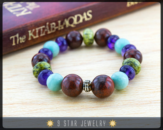 Amethyst, Bloodstone mixed 19 Unique Gemstones - Baha'i Prayer Beads Bracelet "The Divine Spirit"