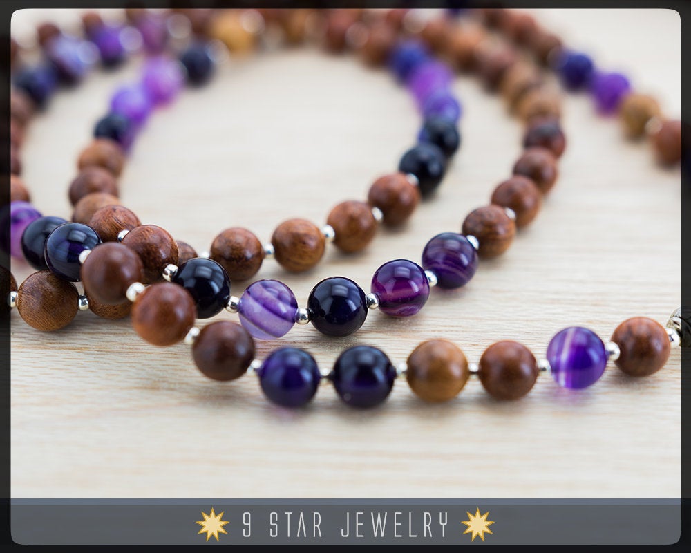 Purple Stripes Agate - Wooden Baha'i Prayer Beads w/ Sterling Silver ringstone symbol - "Eternal Grace"