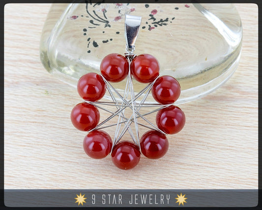 Red Agate "Radiant Star" Baha'i 9 Star wire wrapped Pendant