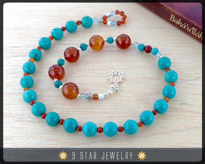 Turquoise & Carnelian w/ Sterling Silver - Baha'i Prayer Beads 5x19  "Devotion"