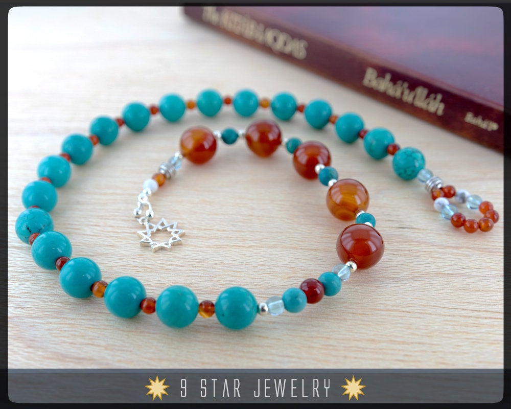 Turquoise & Carnelian w/ Sterling Silver - Baha'i Prayer Beads 5x19  "Devotion"