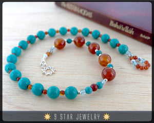 Turquoise & Carnelian w/ Sterling Silver - Baha'i Prayer Beads 5x19  "Devotion"- BPB8