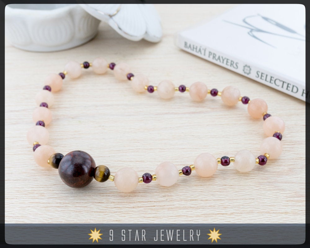 Pink Opal & Blood Stone w/Carnelian, Tigers Eye Baha'i Prayer Beads  