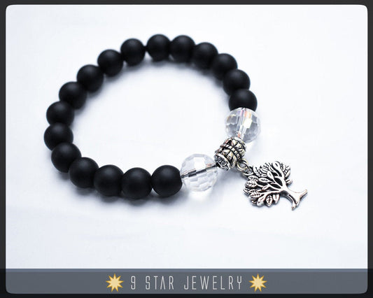 Calming Beads-Baha'i Prayer Beads Bracelet (Alláh-u-Abhá) - Matte Black glass beads with "Tree of Life"