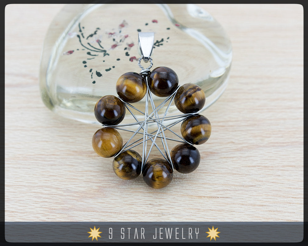 Tiger's Eye "Radiant Star" Baha'i 9 Star wire wrapped Pendant