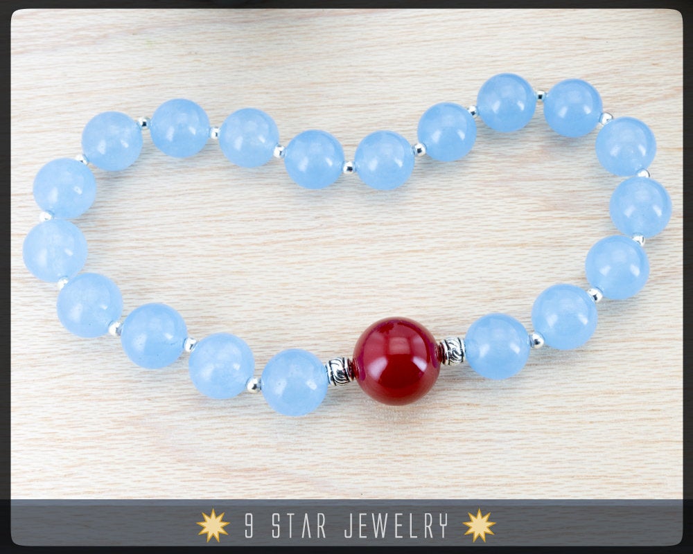Blue Jade & Red Coral Baha'i Prayer Beads - (Alláh-u-Abhá)  "Valiant"