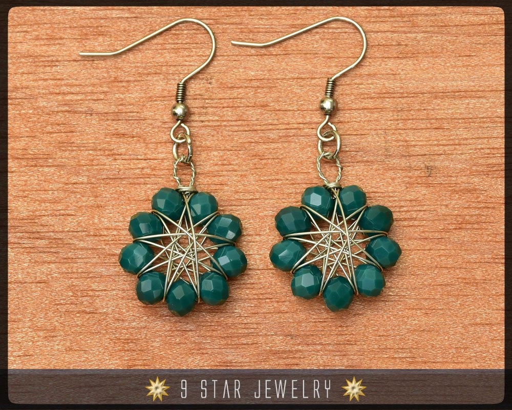 Radiant Star - Baha'i 9 Pointed Star Crystal Wire-wrapped Dangle Earrings -Pine Green