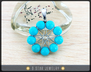 Turquoise "Radiant Star" Baha'i 9 Star wire wrapped Pendant - BRSP6